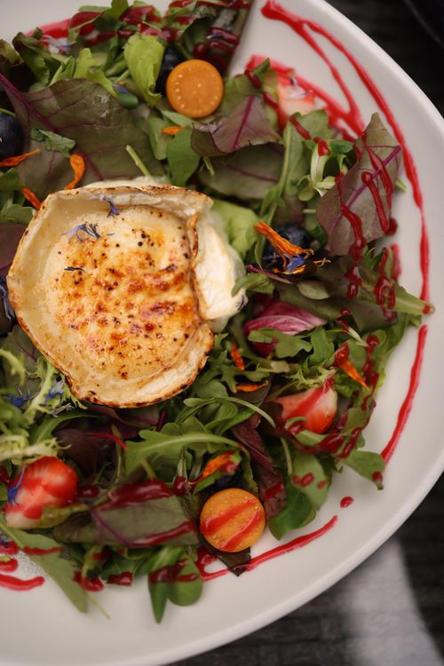 Free Delicious gourmet salad with mixed greens, grilled cheese, and berries drizzled with raspberry sauce. Stock Photo