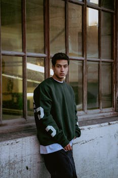 Stylish young man in a casual sweater posing by a window in İstanbul, Türkiye. Modern fashion photography.