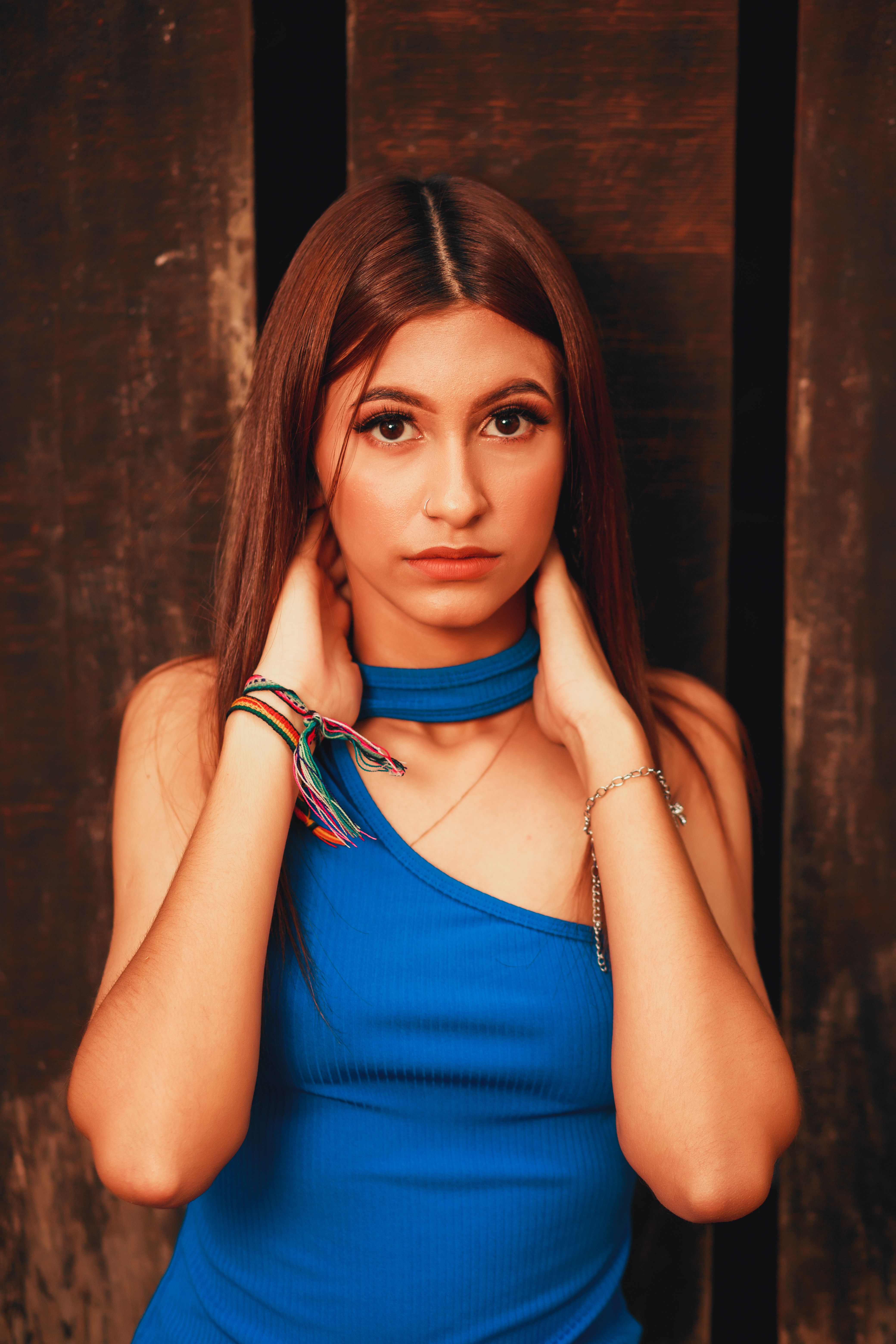 Beautiful Woman in a Blue Blouse Dress · Free Stock Photo