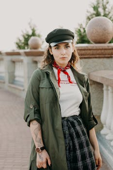 时尚女士身着休闲服装在户外展现现代风尚