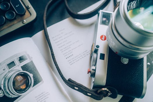 Close-up of a classic camera on an open book, showcasing detail in a vintage style.