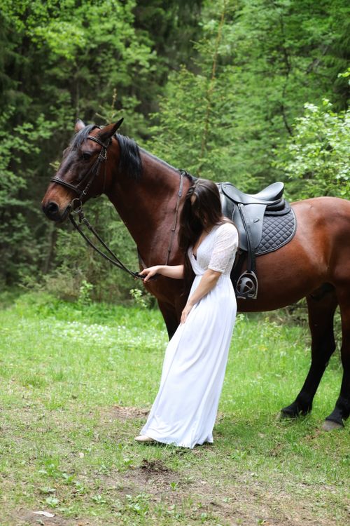 Free A woman in a flowing white dress stands beside a majestic horse in a lush green forest. Stock Photo