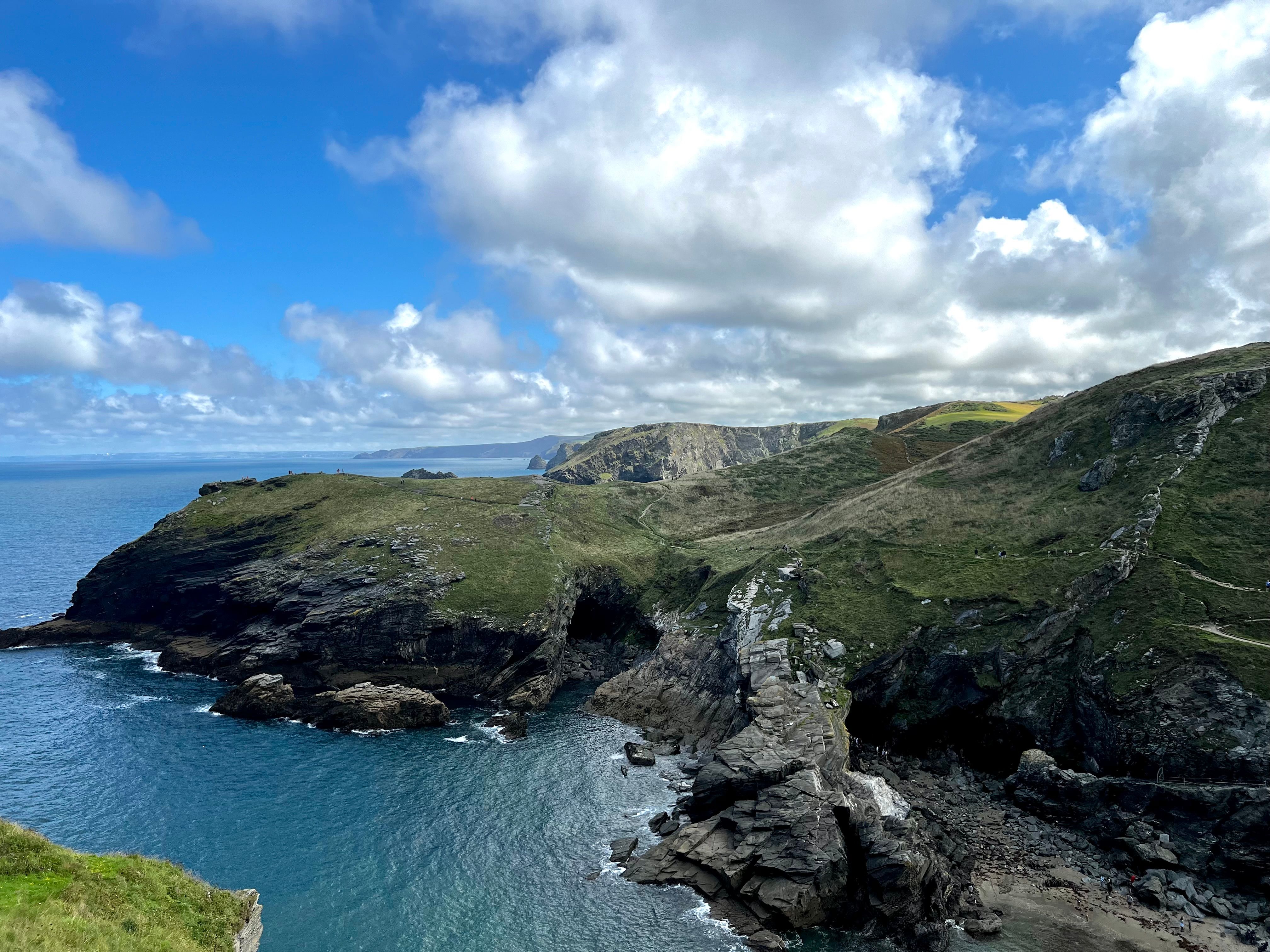 Aerial view of rugged cliffs and coastline in Cornwall, England