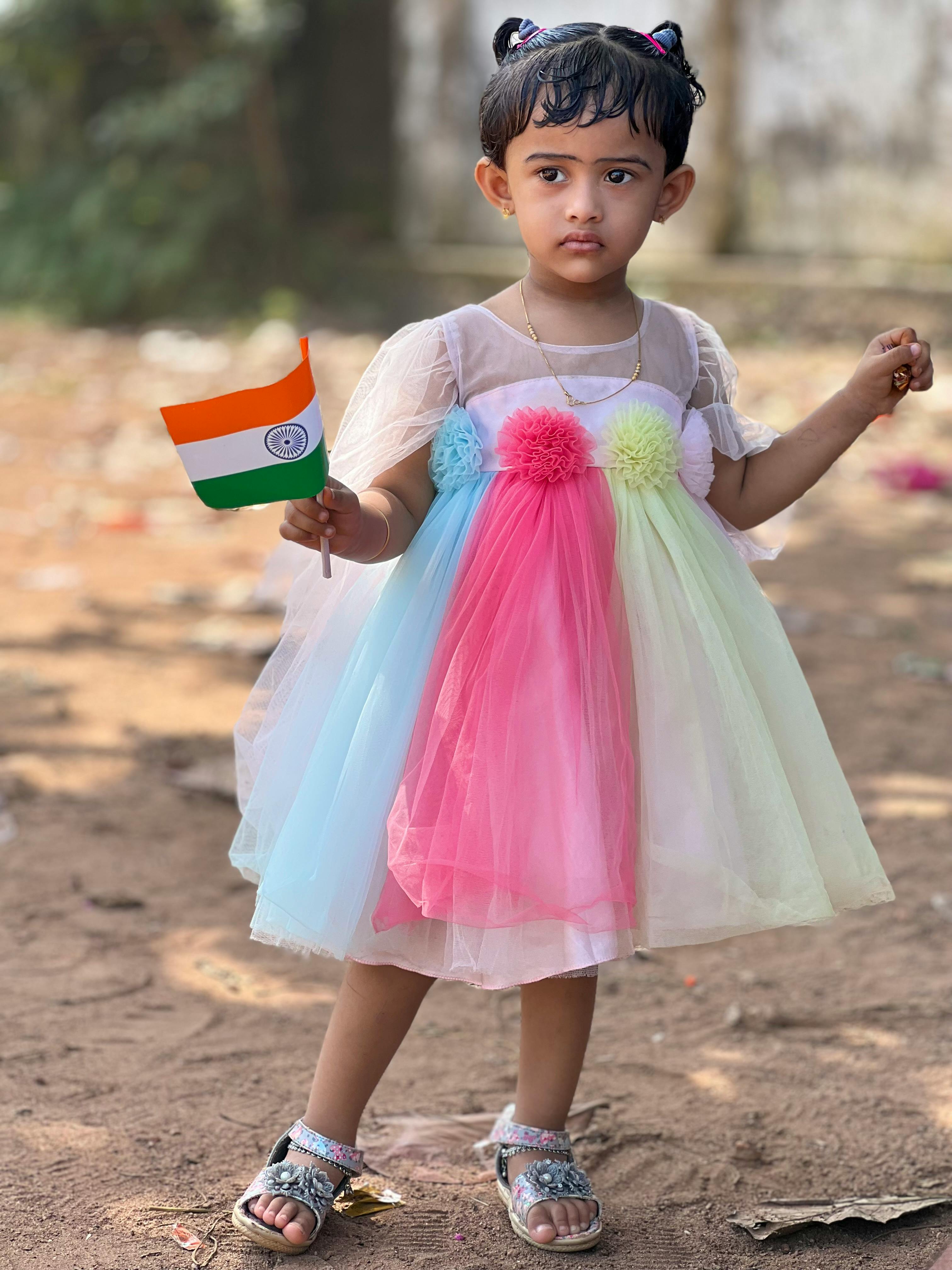 Indian girl child in fancy dress costume of Model in red top holding Flag  of India in her hand ; India ; Asia ; MR#501 Stock Photo - Alamy