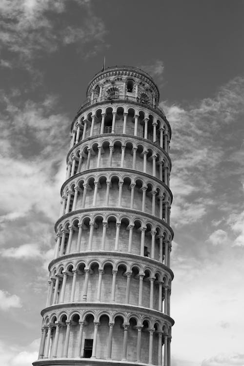 Kostenloses Stock Foto zu der schiefe turm von pisa, graustufen, italien