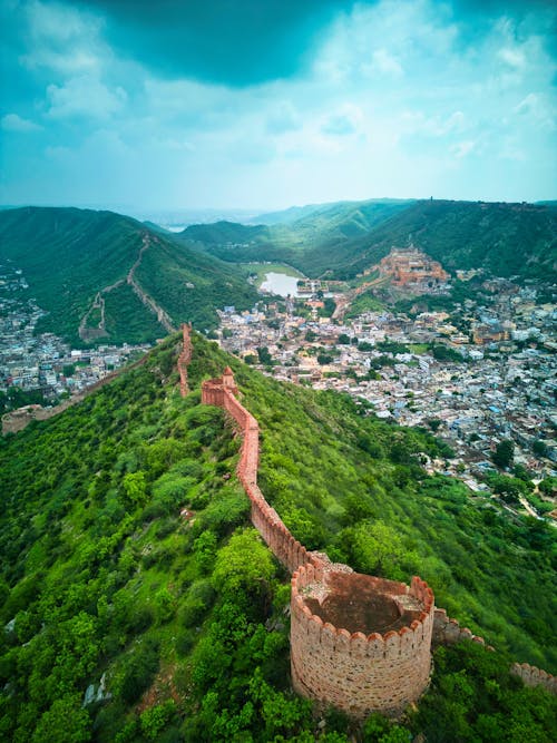 Aerial View of the Wall of Nahargarh Fort and Jaipur Cityscape, Rajasthan, India