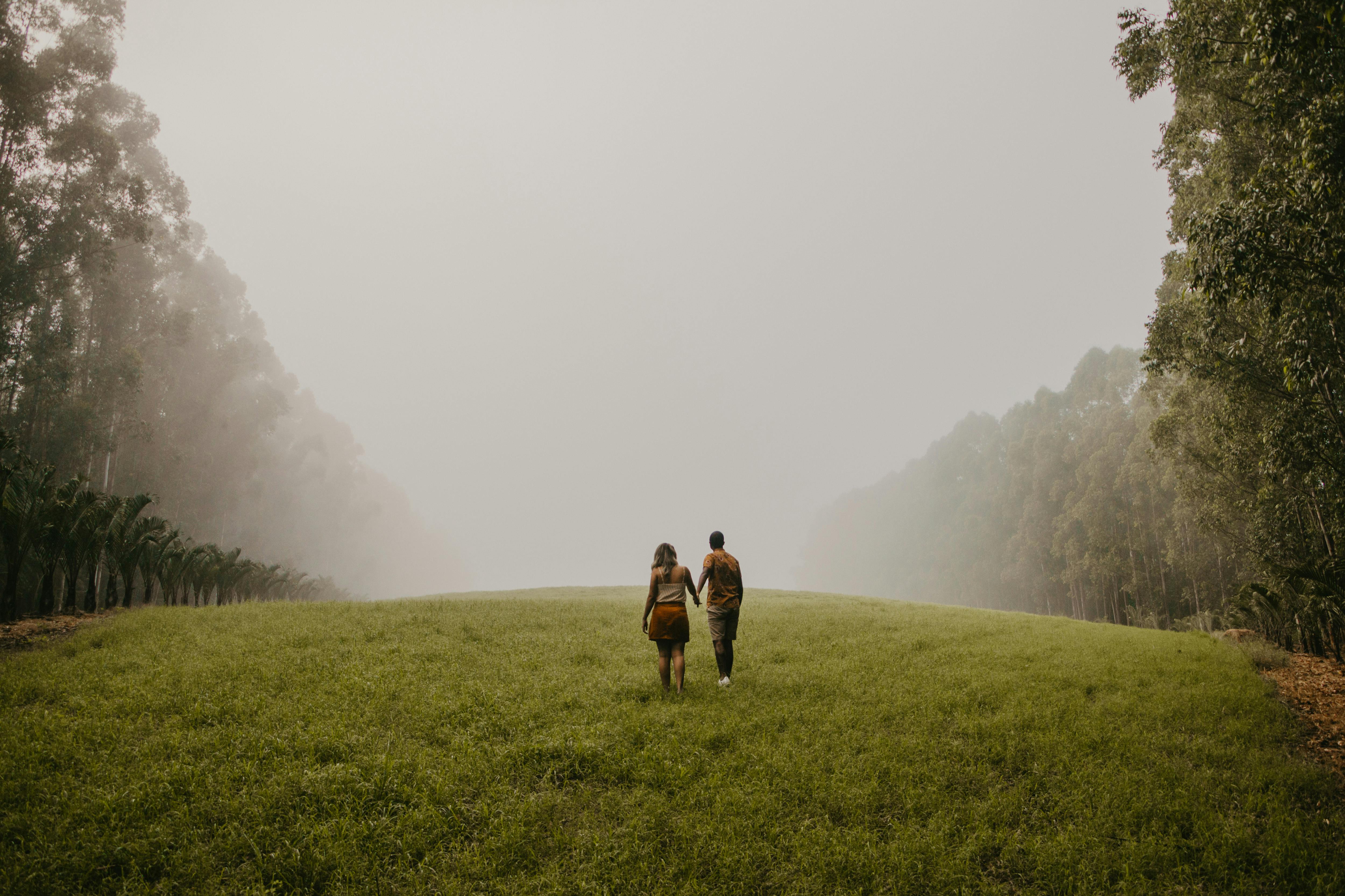 A couple walks hand in hand through a foggy field in São Paulo, Brazil, enveloped by trees.