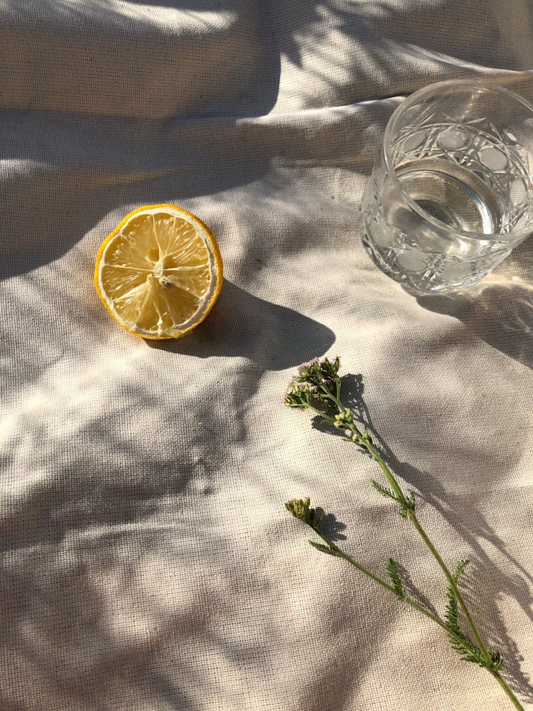 A Half Of A Lemon, A Flower And A Glass Of Water Standing On A Cloth In Sunlight