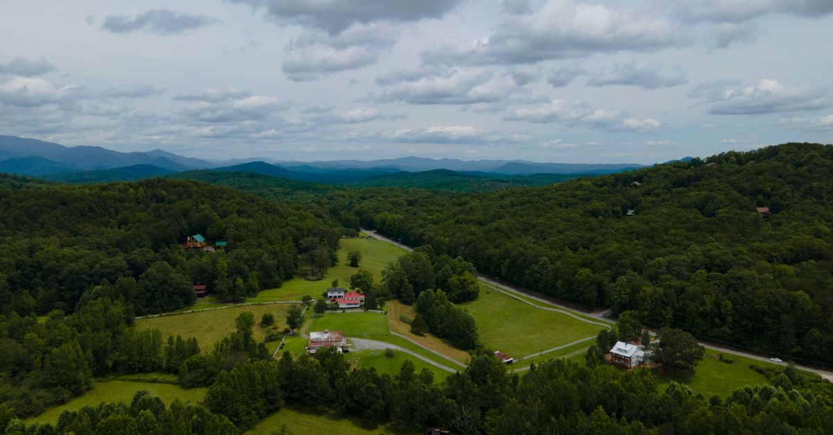 A picturesque aerial view of rural landscapes and mountains in Cleveland, Georgia.