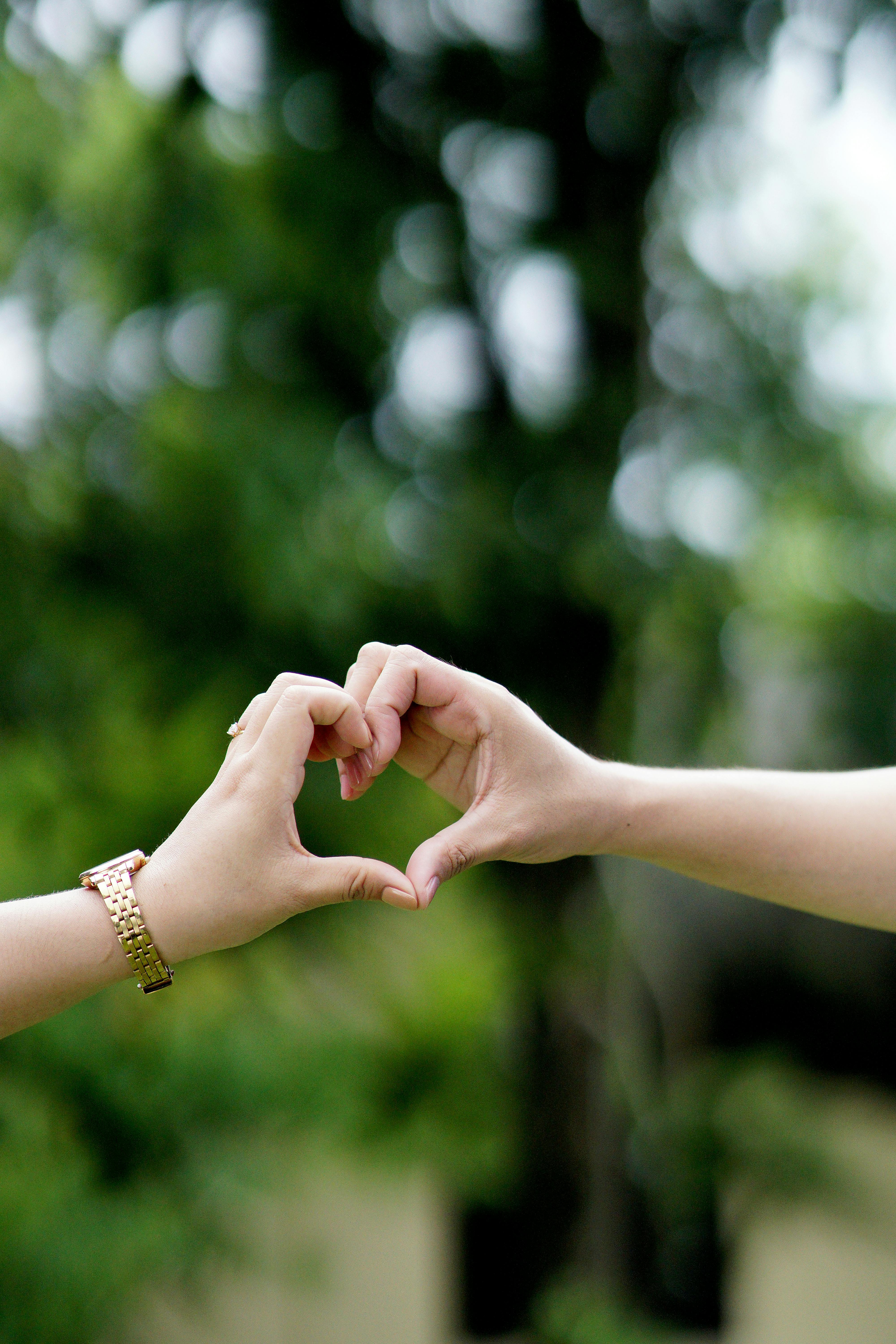 Close-up of hands forming a heart shape against a blurred green background.