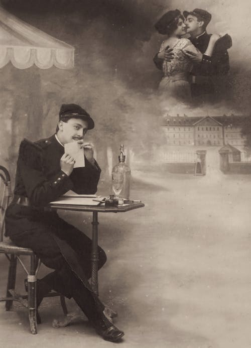 Soldier Sitting with Letter and Kissing Woman above