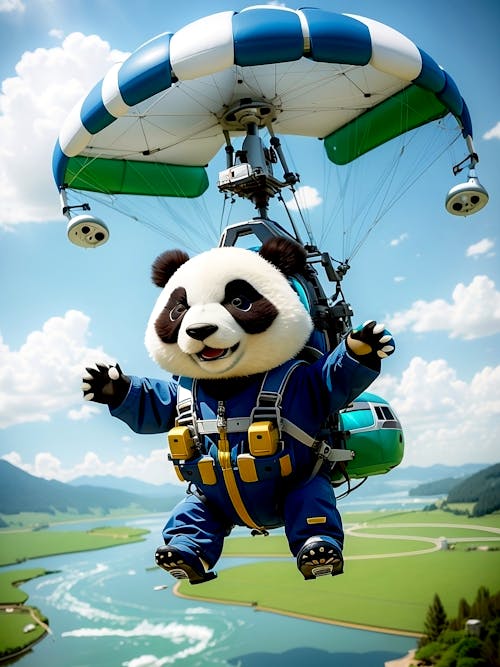 Explorer Panda flying a hang glider