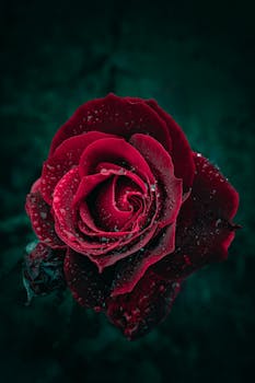 Close-up of a dark red rose with dew drops, creating a moody and romantic feel.