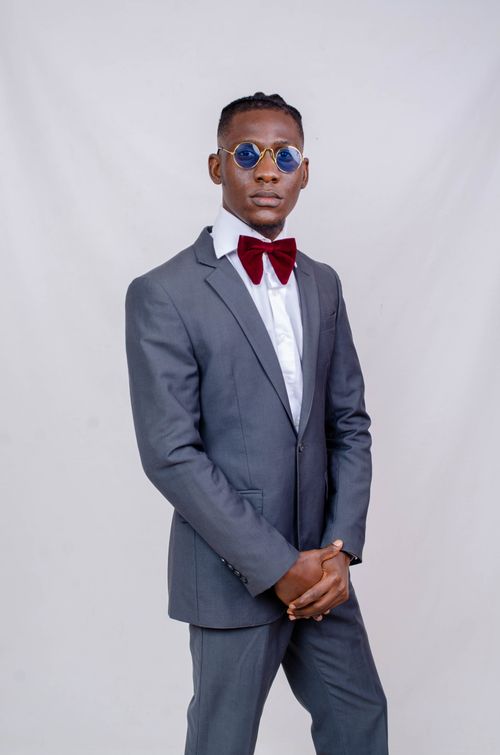 Free Sophisticated man in gray suit with bow tie poses confidently in studio setting. Stock Photo