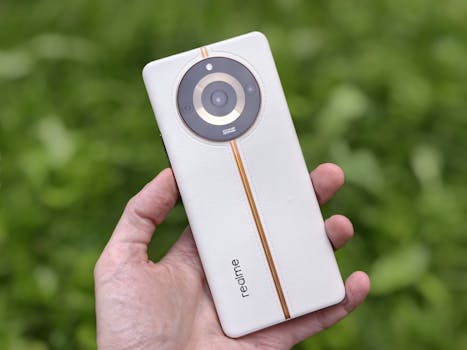 Close-up of a hand holding a smartphone with a white and gold design outdoors, against a green background.
