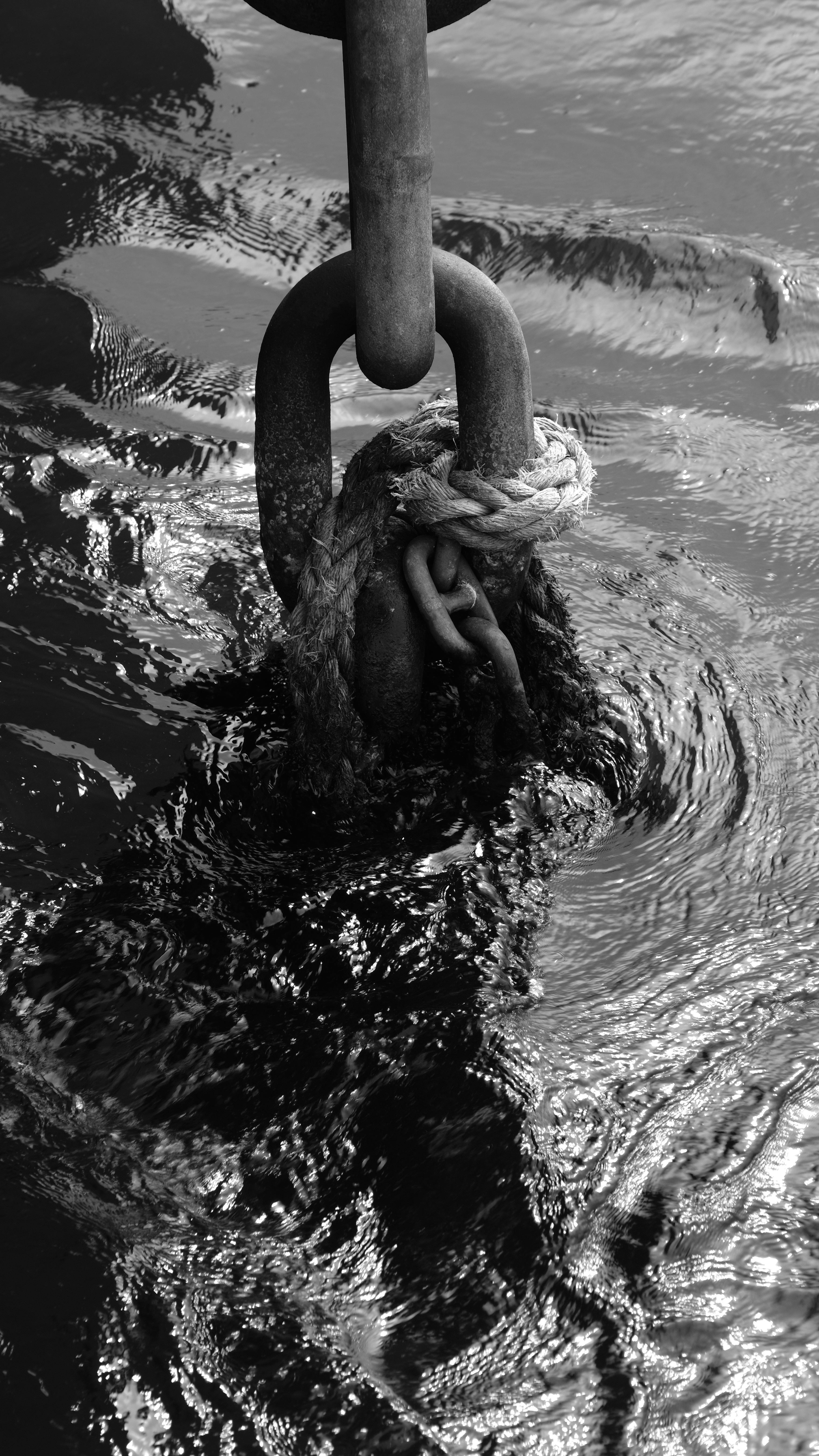 A close-up of a rugged metal chain emerging from water, captured in black and white.