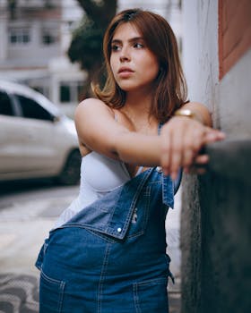 一位穿着牛仔裤的年轻女子站在街上，目光移开