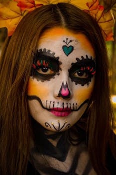 Portrait of a woman with traditional Day of the Dead face painting, colorful and striking.