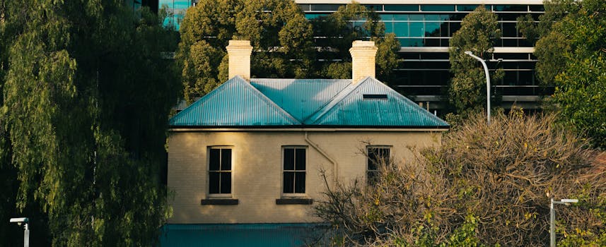 A quaint older house with a blue roof nestled in urban greenery, blending tradition and modernity.