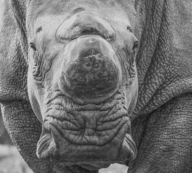 Detailed close-up black and white portrait of a rhinoceros in a natural setting.