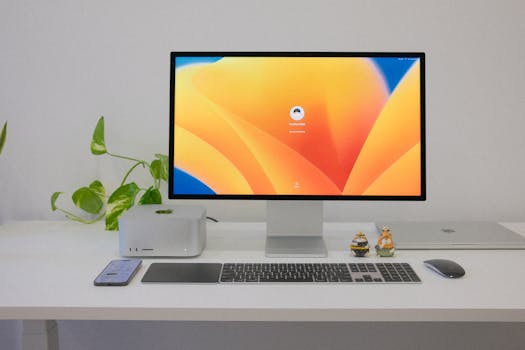 A clean and organized modern office desk setup with tech gadgets and decor.