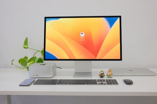 Minimalist office desk setup with computer, keyboard, and greenery.