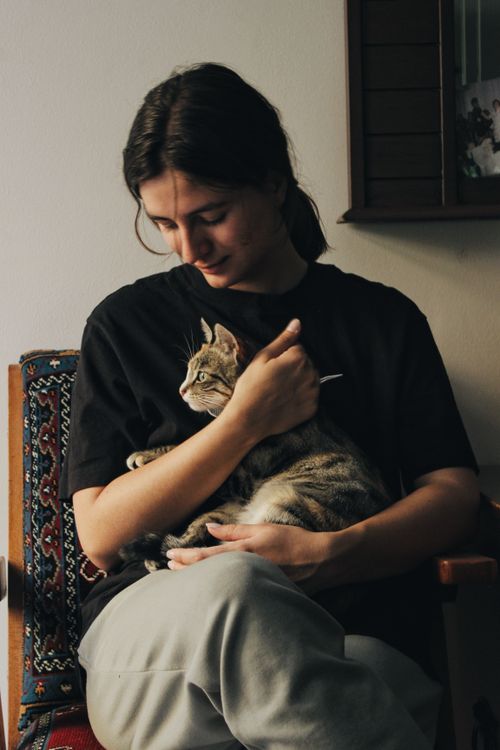 Free A woman lovingly holds her pet cat while sitting in a cozy room. Soft lighting enhances the intimate moment. Stock Photo