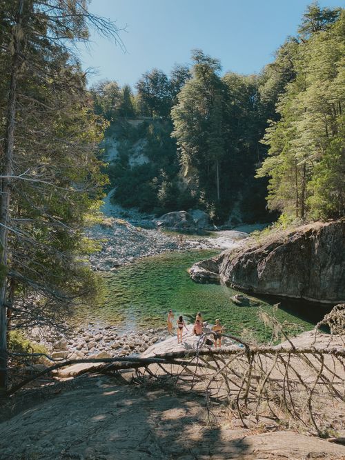 Free Explore a scenic forest with a tranquil river scene in El Bolsón, Argentina, ideal for nature lovers. Stock Photo