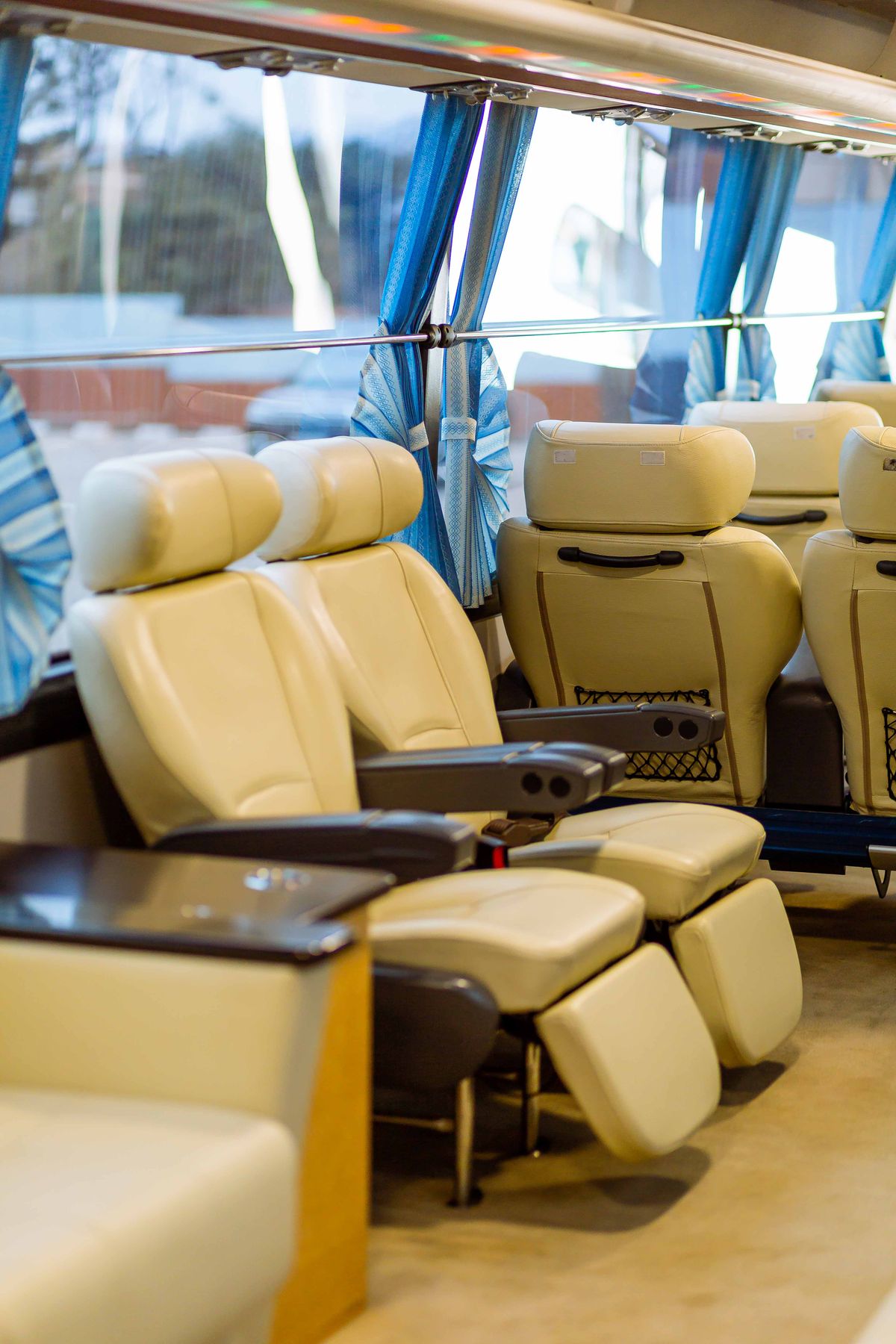 Comfortable seats inside a luxury coach