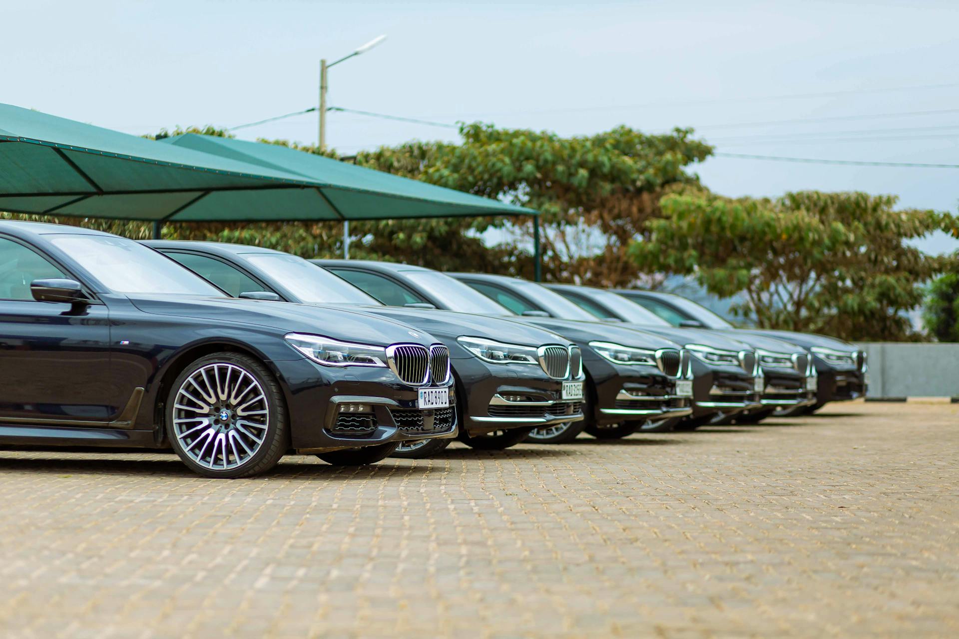 Row of luxury cars parked at an outdoor dealership, showcasing elegance.