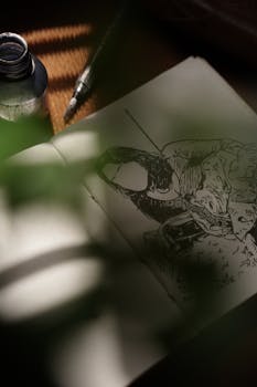 A creative sketchbook scene with a drawing, ink, and natural light shadows.