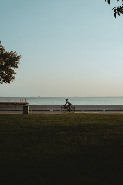 Man Riding Bike on Bicycle Lane by Sea