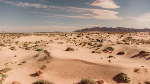Free A vast desert scene with sand dunes and distant mountains, evoking a sense of tranquility and solitude. Stock Photo