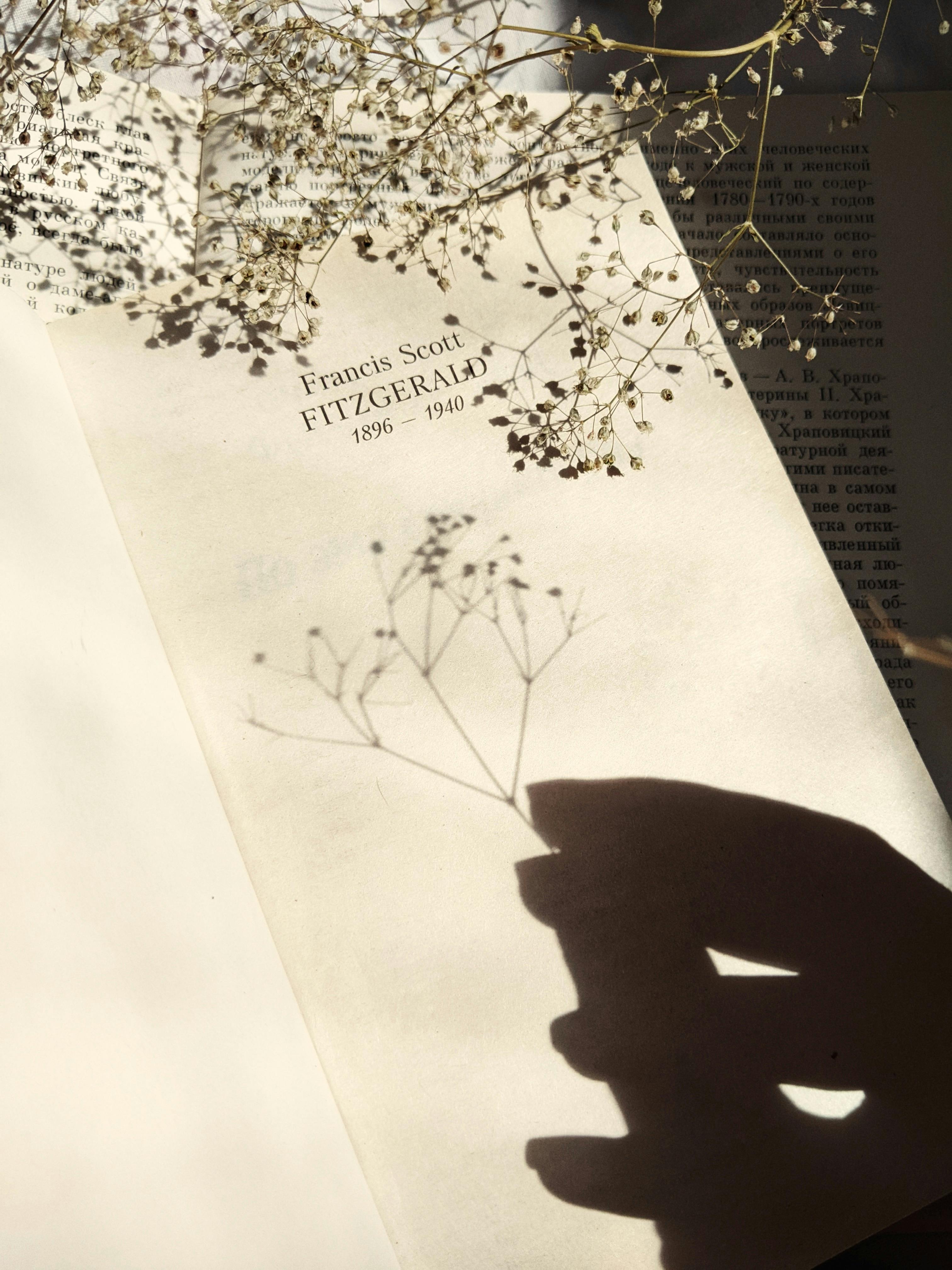 A hand holding dried flowers casts a shadow on a book page in soft sunlight.