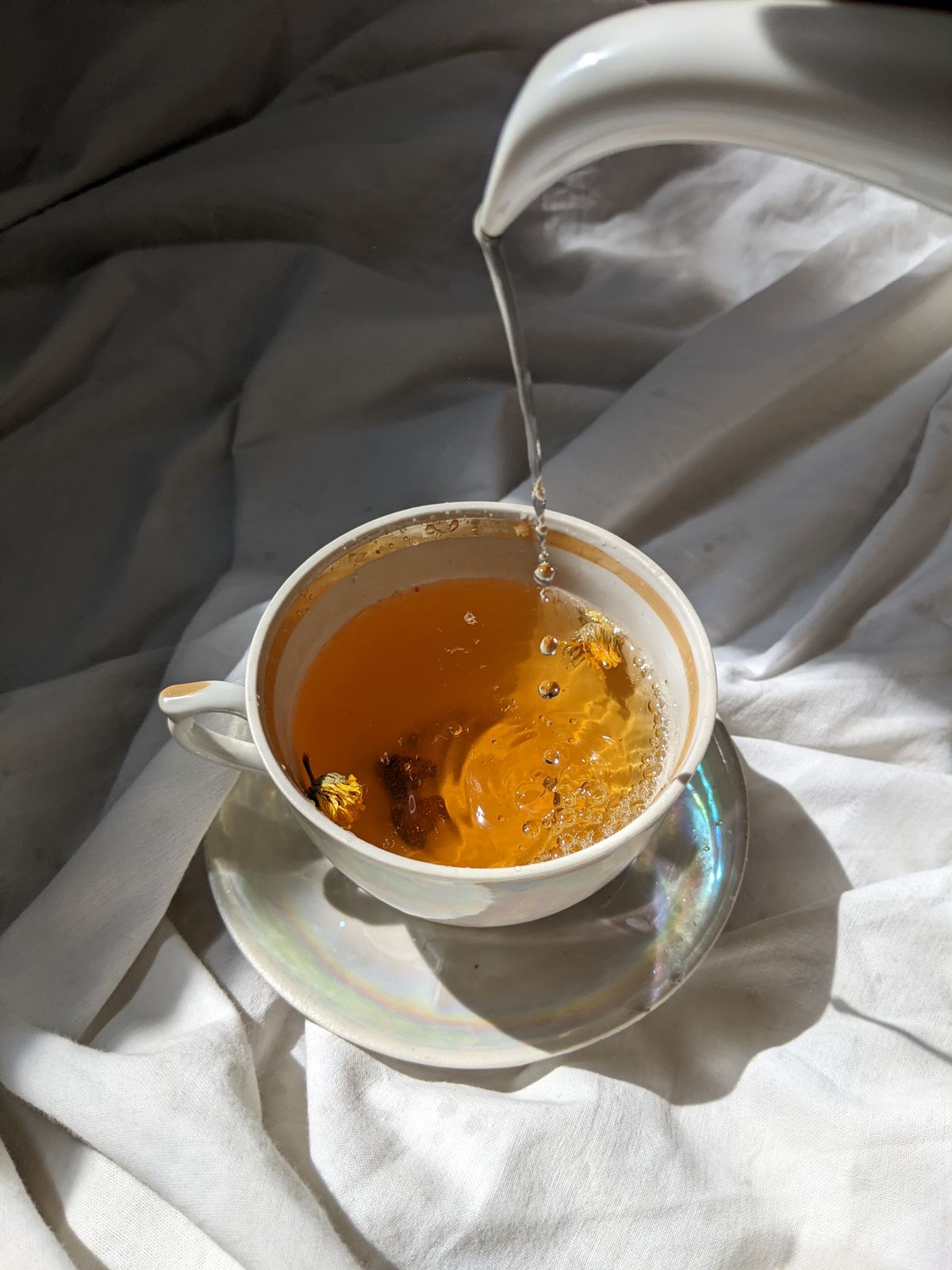 Infusión servida desde una tetera · Fotografía referencial