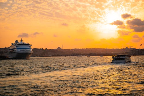 Ferries in Bosphorus Strait at Golden Hour
