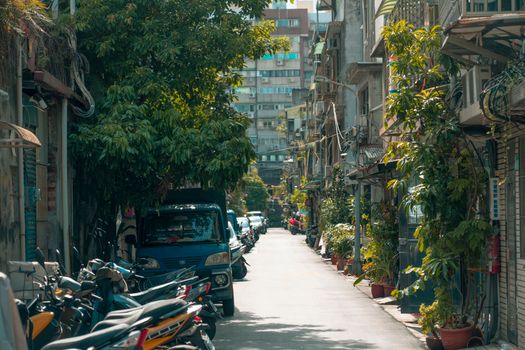 A scenic urban alley lined with green plants and parked motorcycles in a residential area.