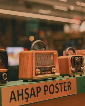A nostalgic collection of wooden vintage radios on display, evoking retro elegance.