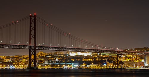View of the 25 de Abril Bridge and Illuminated Buildings in the Background in Lisbon, Portugal 