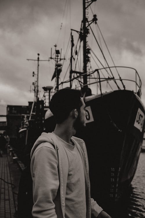 Man in a Harbor in Black and White