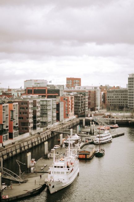 A stunning aerial shot of Hamburg's bustling harbor and urban landscape highlighting moored ships.