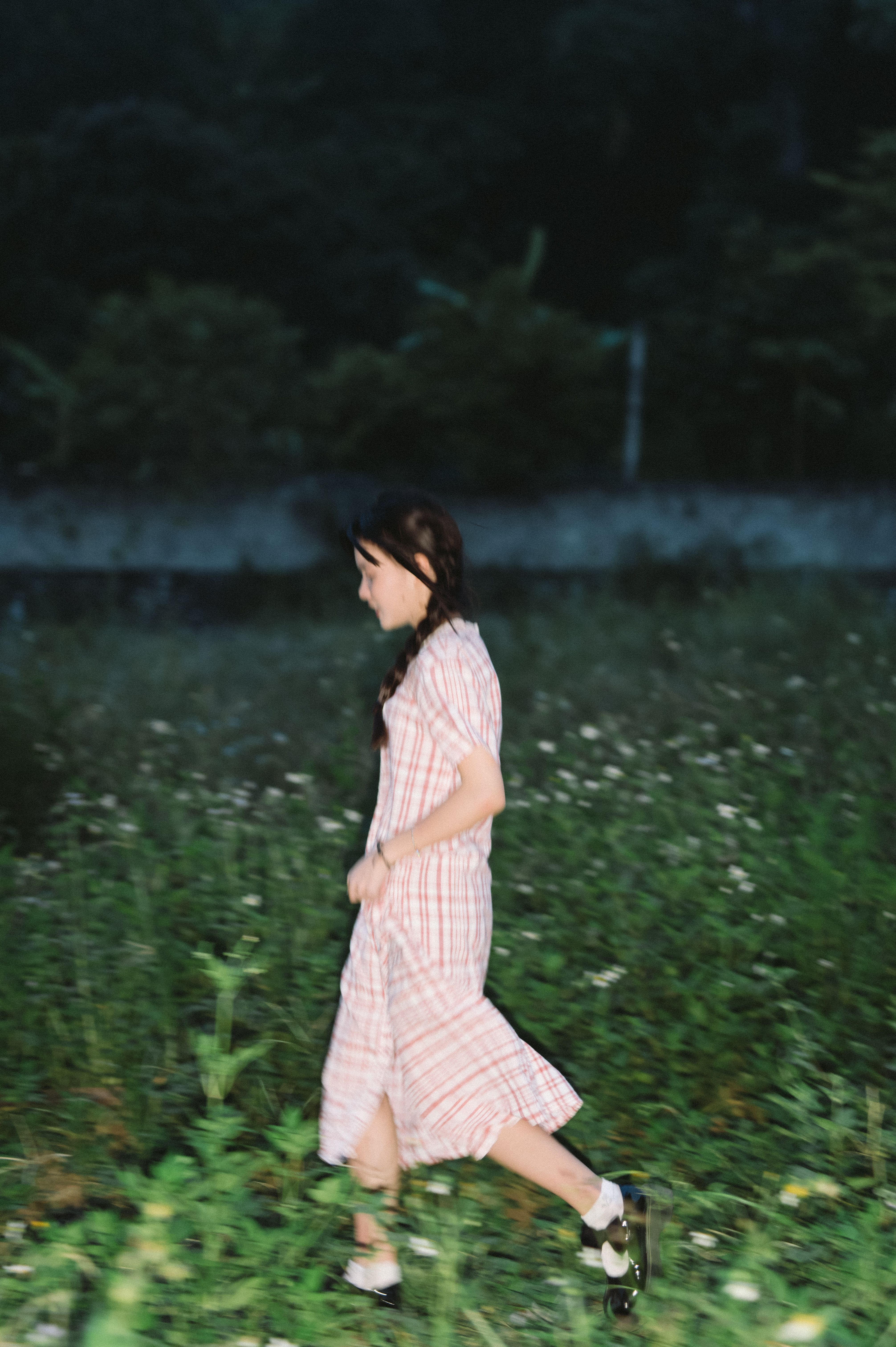 A woman in a dress walks through a meadow at night, surrounded by plants.