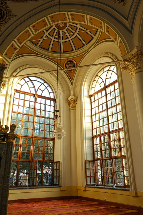 Free Elegant interior view of Aziziye Mosque in Konya with arched windows and ornate ceiling. Stock Photo