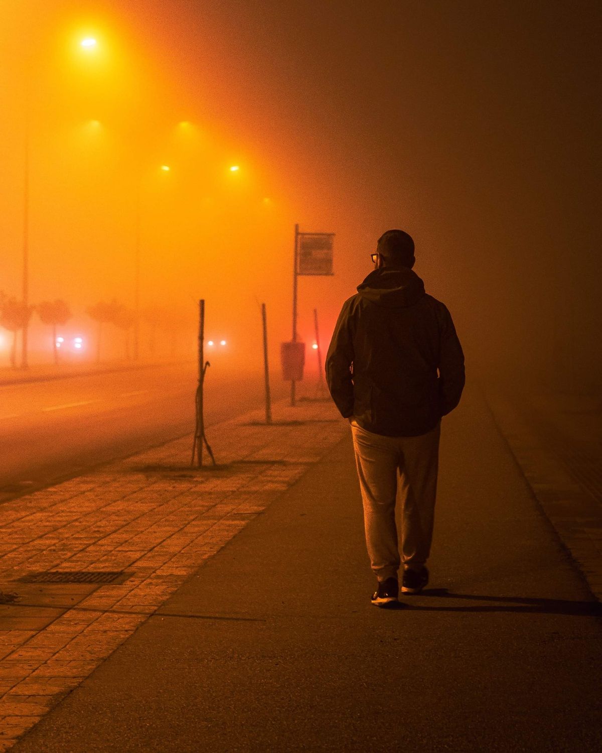 Silhouette of a Man Walking on a Foggy Street at Night · Free Stock Photo