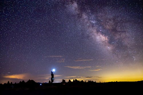Silhouette of a Person with a Flashlight under a Starry Night Sky 