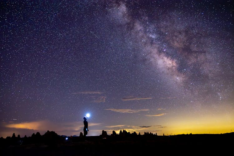 Silhouette Of A Person With A Flashlight Under A Starry Night Sky 