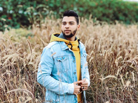 年轻人穿着牛仔夹克，在阳光明媚的田野里享受乡村的一天