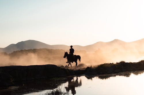 Silhouette of a Man Riding a Horse at Dawn