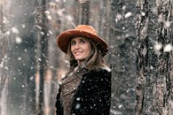 冬季森林里，一位快乐的女子在雪中戴着时尚的帽子和外套