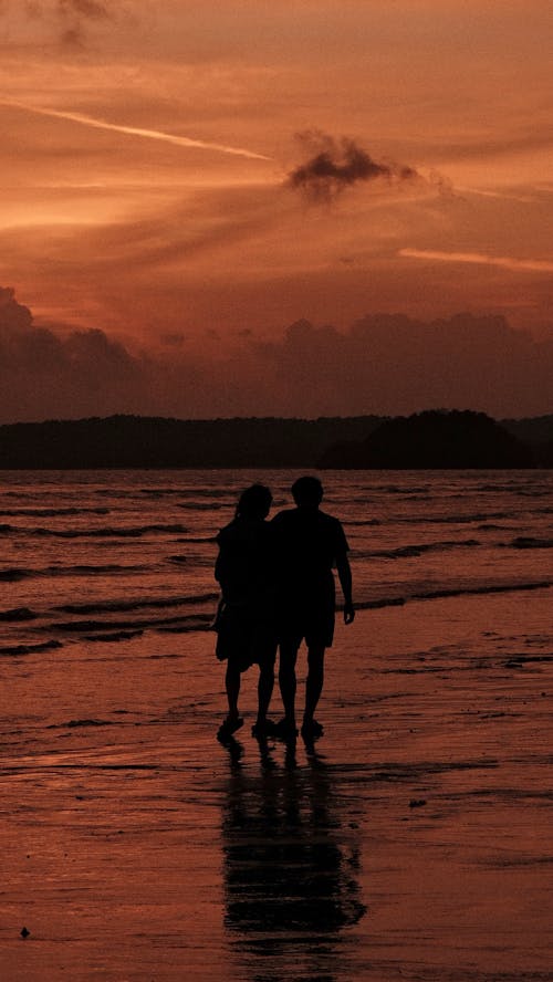 Silhouette of a Couple Walking on the Beach at Sunset 